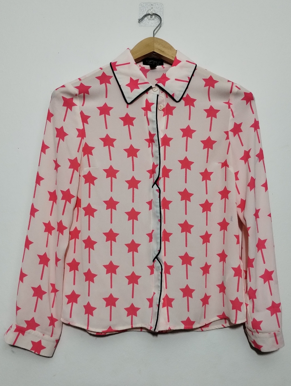 Topshop Cream Blouse Womens 4 Coral Star Print Black Trim Button Down - Picture 5 of 8